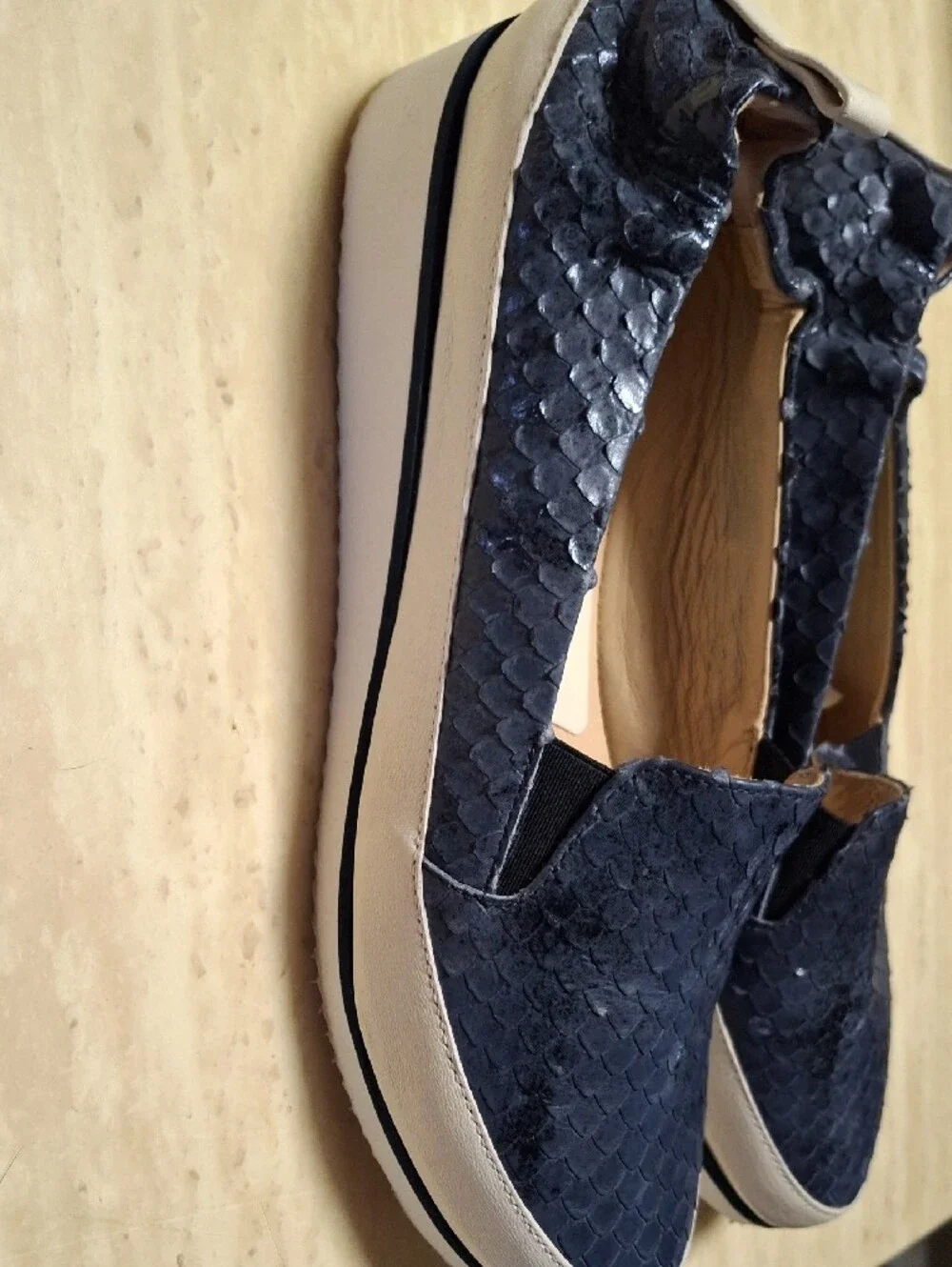 Ron White Navy Snake-Embossed Slip-On Flats with Cream Sole Size 38